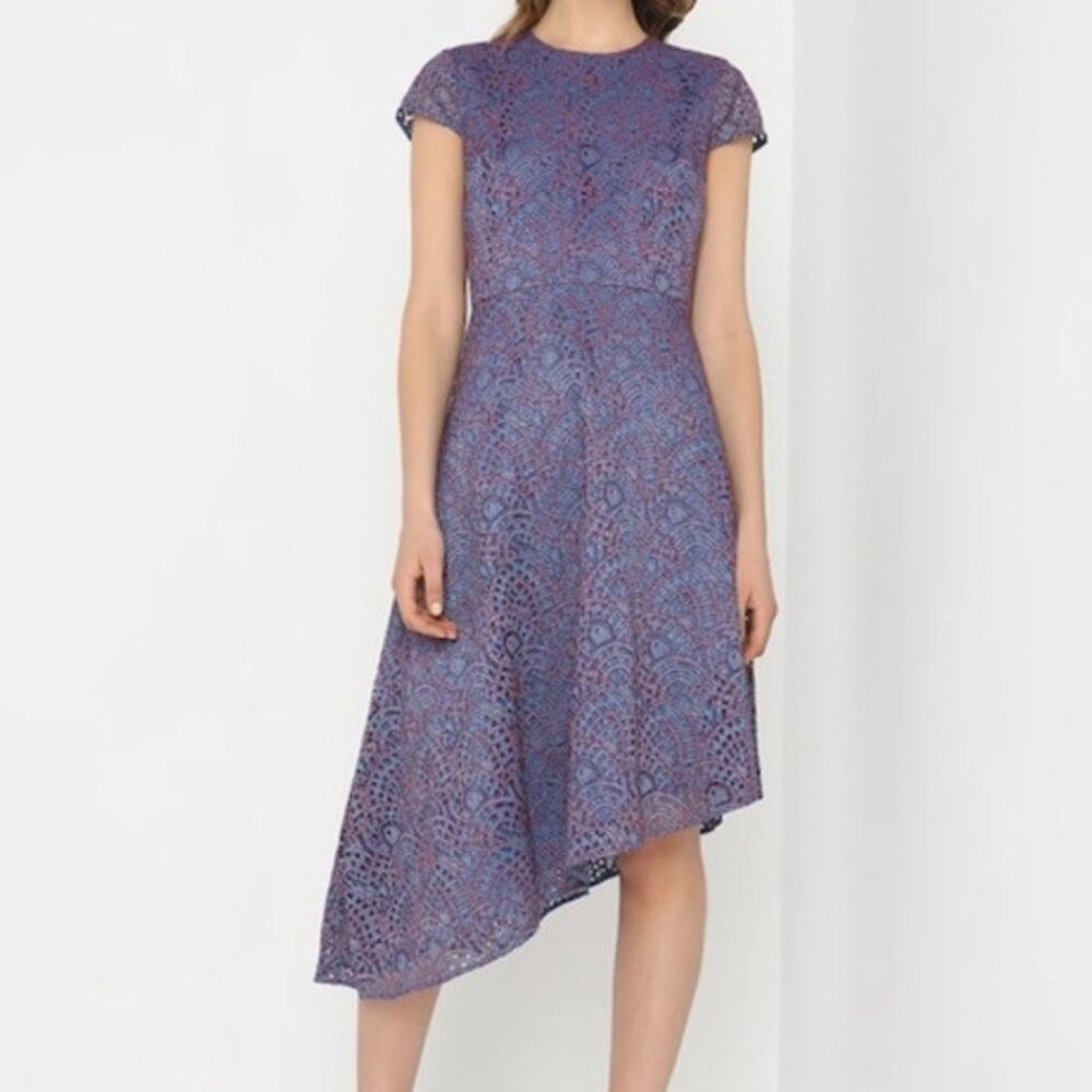 Banana Republic Dress Assymetric Hem Blue & Red Lace Overlay Office Wedding 2